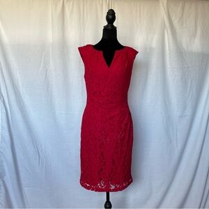 Adrianna Papell Vivid Red Lace Midi Dress Elegant Cocktail Size 6 V-Cut